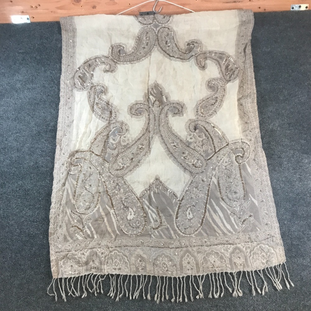 Gerard Darel Scarf Stole Women OS Gray Beige NEW Paisley Embroidered Fringe Wrap